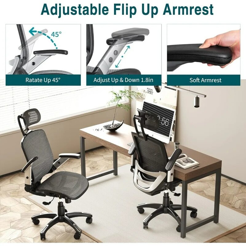 Ergonomiczne krzesło biurowe z siatki, krzesło z wysokim oparciem - regulowany zagłówek z podnoszonymi ramionami, funkcją pochylenia, podparciem lędźwiowym i kołami z PU