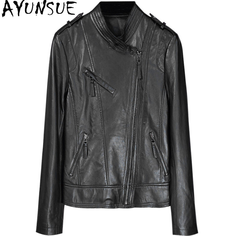 AYUNSUE 여성용 진짜 가죽 재킷, 짧은 슬림 가죽 재킷, 스탠딩 칼라, 실제 양가죽 코트, 2023 신상 패션
