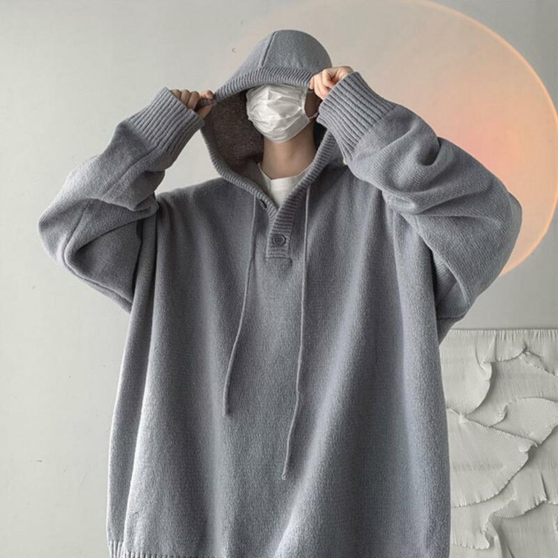 Classic Men Knitwear Drawstring Anti-freeze Skin-Touch Casual Hooded Pullover Warm Knitted Sweatshirt