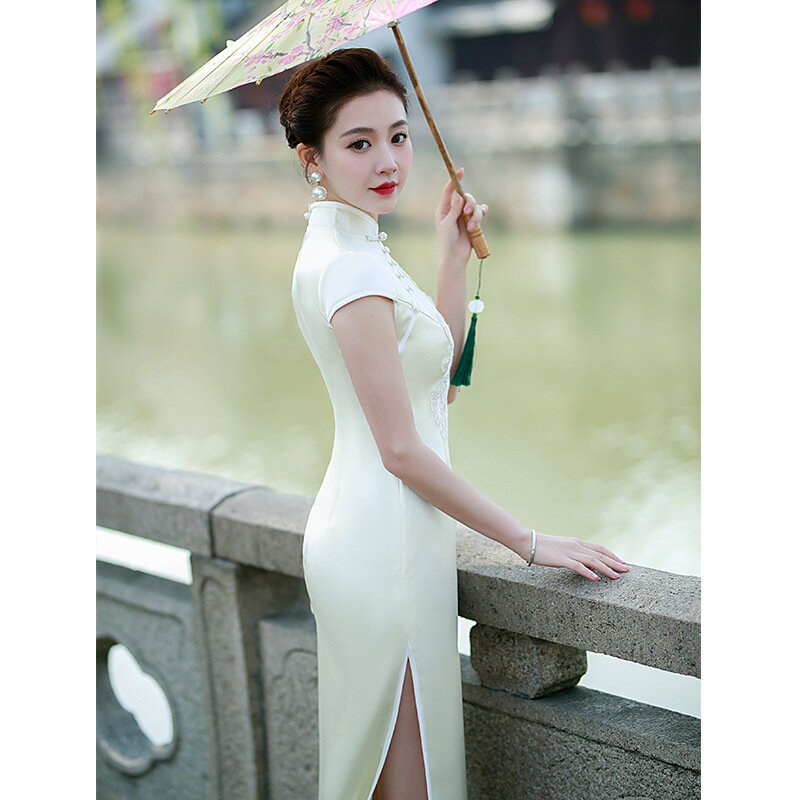 Plus Size 5XLMandarin Collar Embroider Cheongsam Vestidso Chinese Elegant Evening Party Long Dress Sexy Split Perform Qipao
