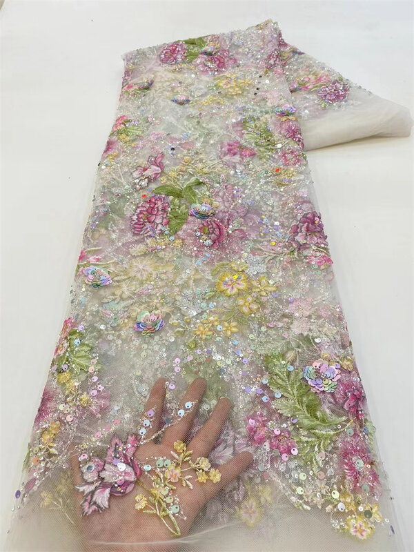 Tela de encaje de lentejuelas africanas, tejido de tul de alta calidad con cuentas de Red Nigeriana francesa para coser vestido de novia, 2024