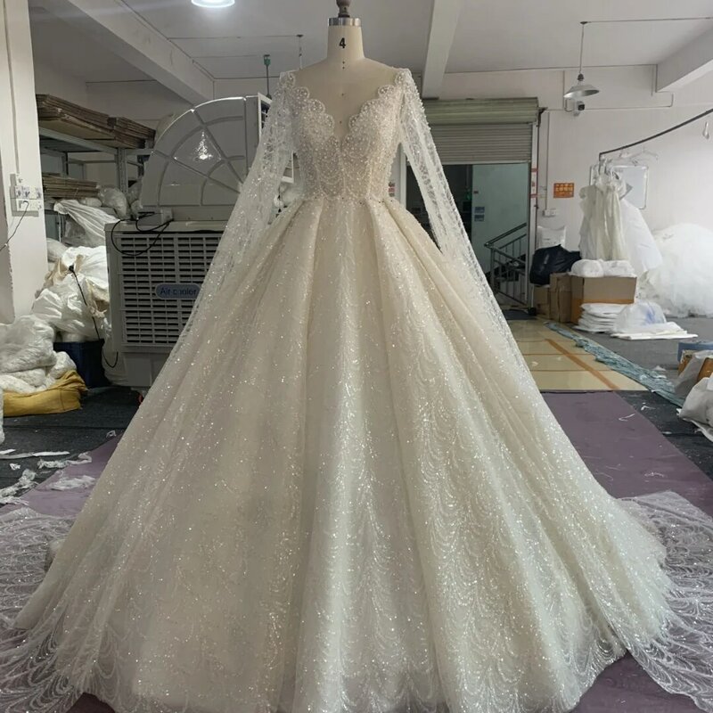 GiayMus-vestido de noiva com gola V, vestidos de casamento marfim, lantejoulas pérola, manga comprida, vestido de baile Dubai, plus size, PD026, 2024