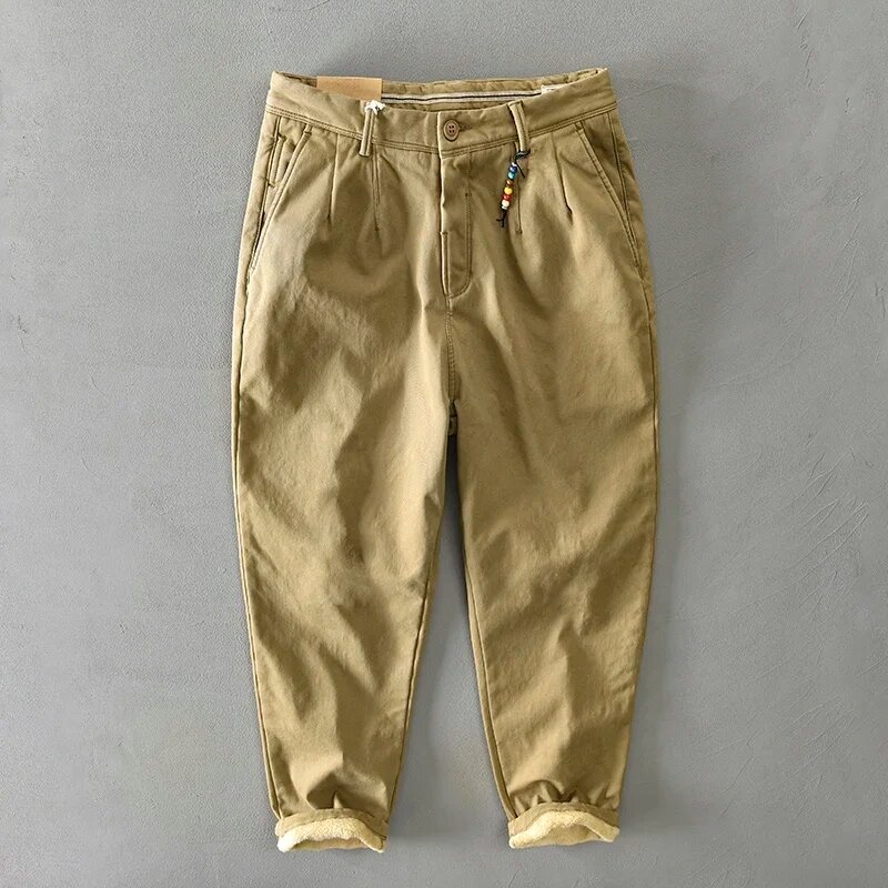HIQOR-pantalones de invierno para hombre, pantalón holgado de algodón, color caqui, verde militar, color sólido, estilo Safari, 28-38, 2024