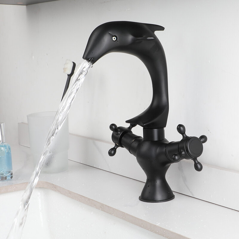 ZAPPO-grifo con forma de delfín negro para baño, Grifería de lavabo con montaje en cubierta, doble manija, un orificio