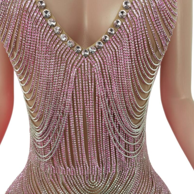 2023 New Arrivals Summer Women Clothing Sexy Deep V Neck Pink Diamonds Club Dress Sexy Mini Party Gowns for Women Bar Costumes