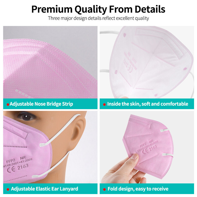 CE FFP2 KN95 페이스 마스크, 5 레이어 필터 입 마스크, 성인 호흡기 보호 핑크 페이스 마스크, 남녀공용 FFP2MASK, 10-100 개
