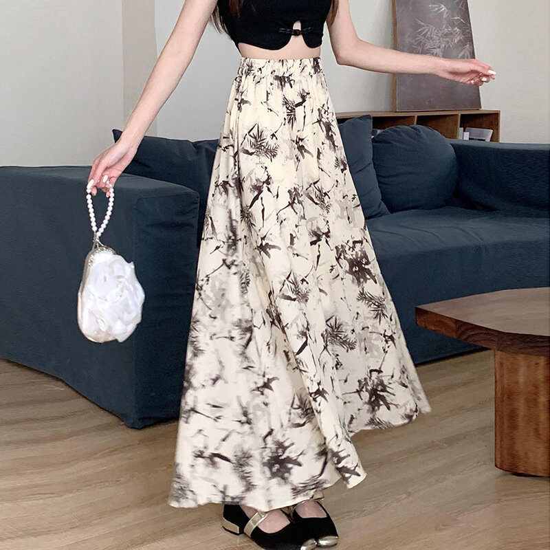 Летняя шифоновая юбка с принтом, юбка с широким подолом, трапециевидная длинная юбка с эластичным поясом