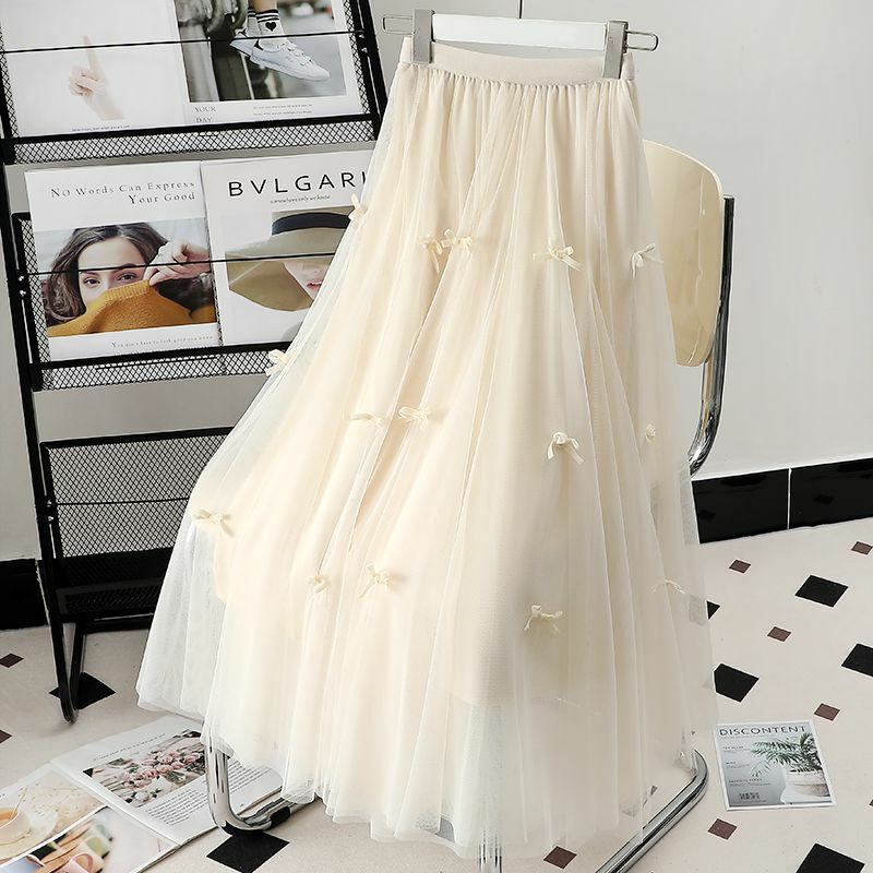 Deeptown-falda de tul Fairycore para mujer, prenda de longitud media con lazo en capas, estilo coreano, Kawaii
