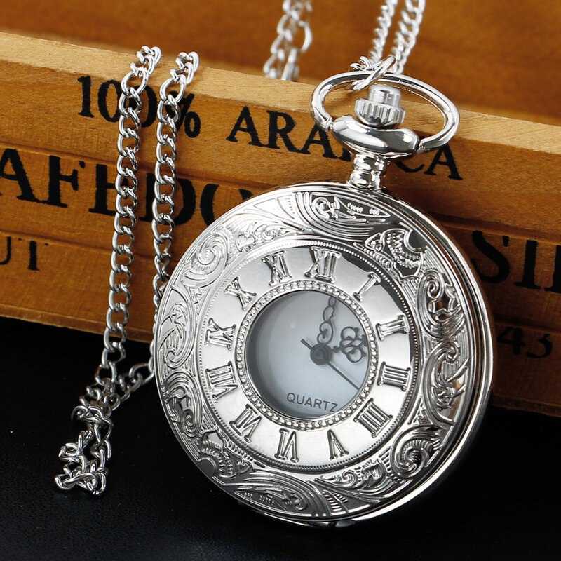 All Hunter Silver Roman Scale Quartz Pocket Watch Retro Punk White Dial Pocket FOB Watch Necklace With Chain Gifts