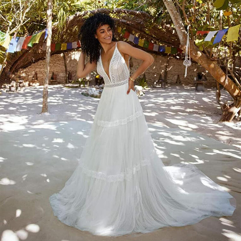 Женское свадебное платье It's yiiya, белое длинное платье из Мягкого Тюля на бретельках с глубоким V-образным вырезом и открытой спиной в богемном стиле на лето