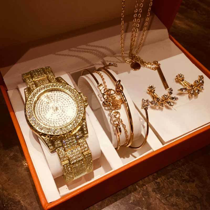 แฟชั่นที่สร้างสรรค์นาฬิกาสตรีชุดของขวัญกล่องเพชรสุดหรูสร้อยคอกำไลต่างหูควอตซ์เซ็ตนาฬิกาสำหรับผู้หญิง Drop Shipping