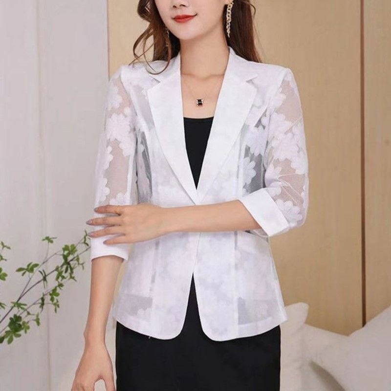 Traje pequeño ajustado con estampado de encaje para mujer, chaqueta elegante, camisa de protección solar, moda y versátil, B8, 2024