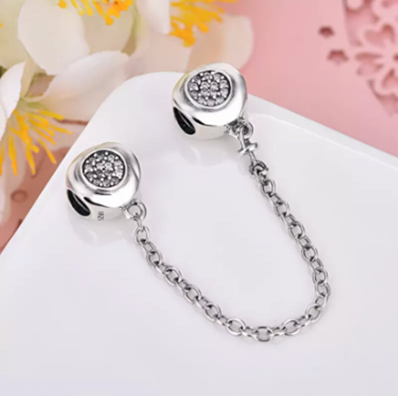 Abalorio de plata 925 brillante para mujer, con forma de cadena de seguridad luna y estrella, compatible con pulsera Pandora Original, joyería artesanal