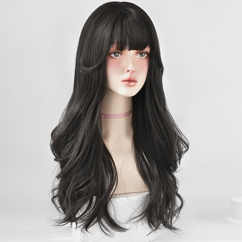 7JHH WIGS High Density Body Wave Dark Brown Wig for Women Daily Use Synthetic Loose Wavy Black Tea Wig with Neat Bangs 26 Inches