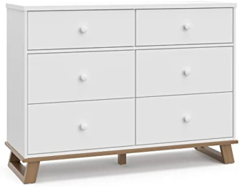 Storkcraft Modern 6 Drawer Double Dresser (White with Vintage Driftwood) – GREENGUARD Gold Certified, Modern Double Dresser