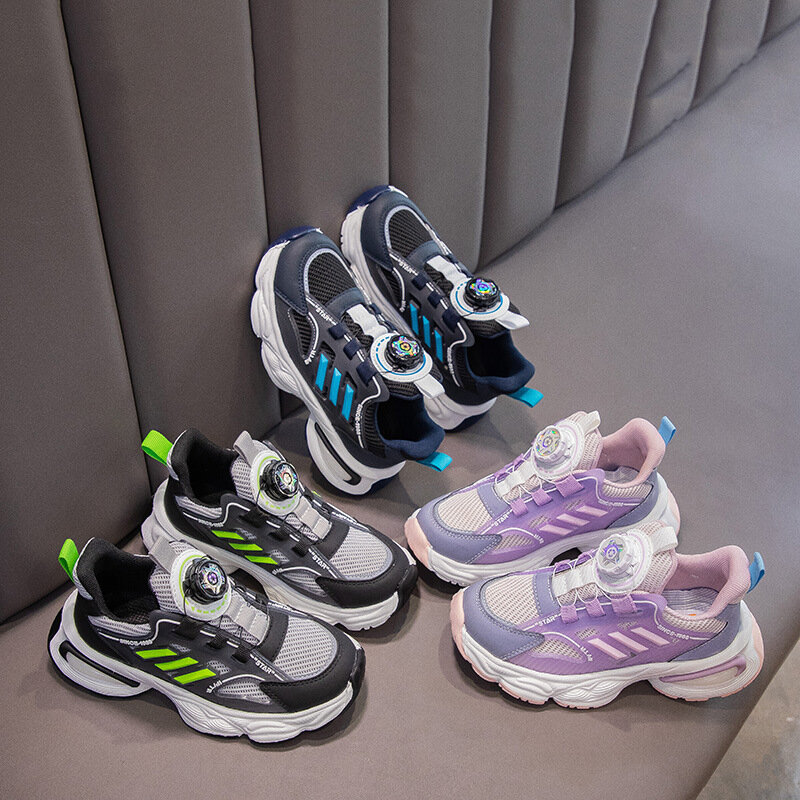 Zapatillas de deporte transpirables de malla con botones giratorios que combinan con todo para niños y niñas, zapatos casuales diarios, nuevos y a la moda