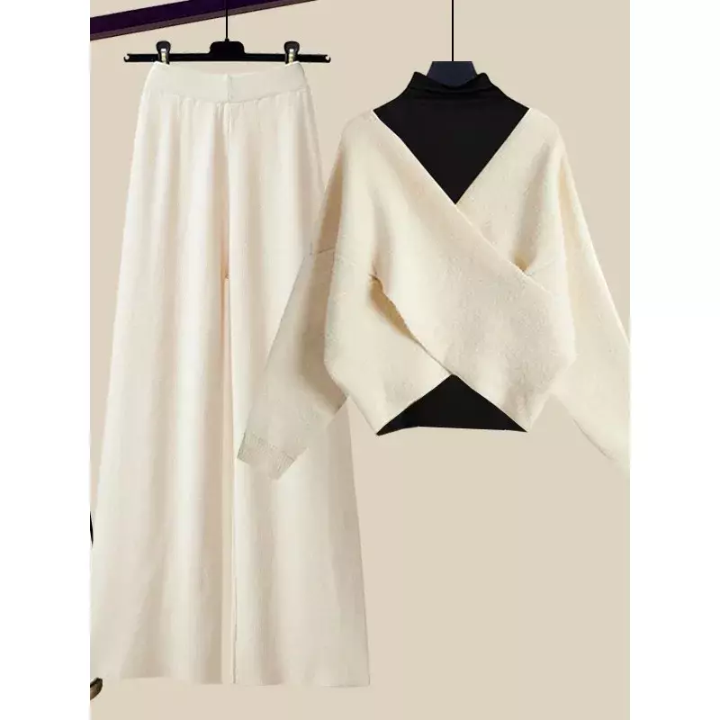 Conjunto de malha de três peças para mulheres, suéter elegante com decote em v, top básico, calças de malha larga para senhoras, outono e inverno, N557