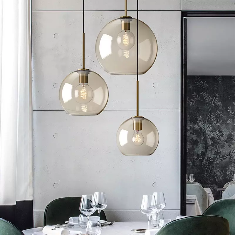 Lampu gantung loteng kaca kilau, Nordic Modern lampu liontin dekorasi industri perlengkapan lampu E27/E26 untuk lampu dapur restoran