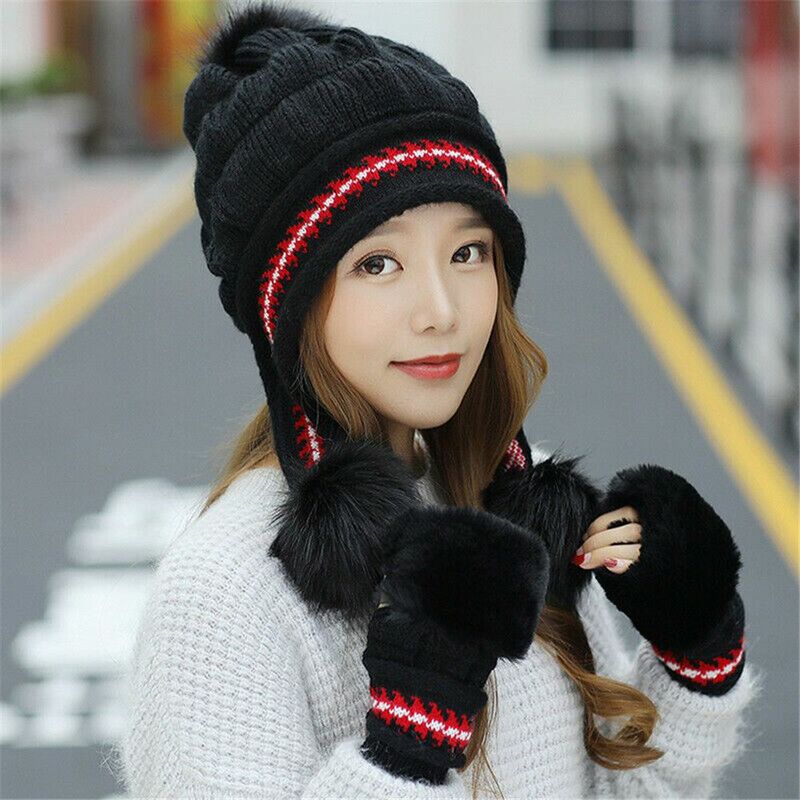 Winter Beanie Hat Gloves Set Ladies Double Pom Pom Fur Skullcap Women Warm Knitted Bobble Ski Cap Outdoor Casual Beret Hat