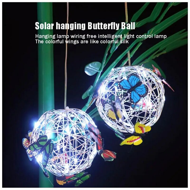 Garten hängen Solar licht runde Kugel Licht mit Schmetterling wasserdichte Metall weberei Hängelampe nach Hause dekorative Nachtlicht