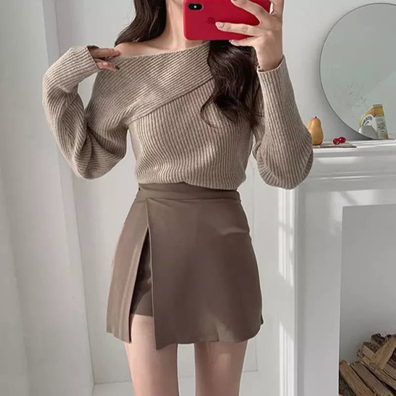 Slit Mini Skirts Women Korean High Waist Solid Irregular Skirts Office Lady Fashion Stretchy Chic Simple A Line Skirts New