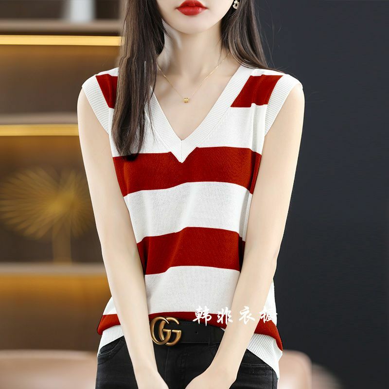 Striped Ice Silk Loose Knitting Tanks Summer New Sleeveless V Neck All-match Thin Tops Tees Vintage Fashion Women Clothing