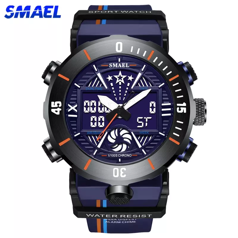 SMAEL Sport Watch Men Fashion Dual Display Alarm Blue Back Light  Waterproof Military Chrono Multiple Time Zone Male Watches