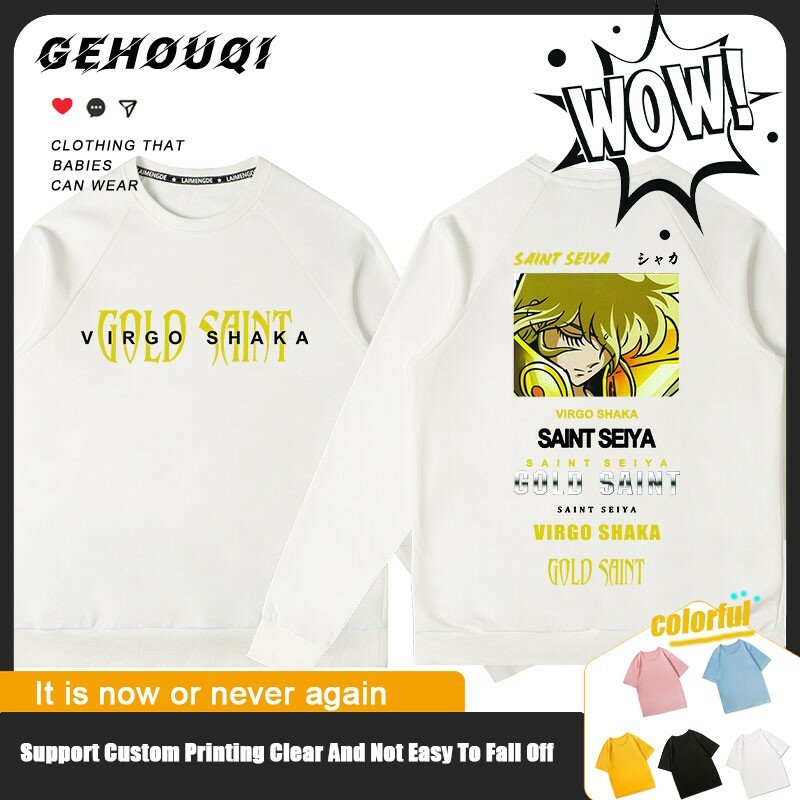 Men's Gold Saint Anime Co-Branded Hoodie, gola redonda masculina, casaco com estampa musical, roupas adolescentes soltas, outono