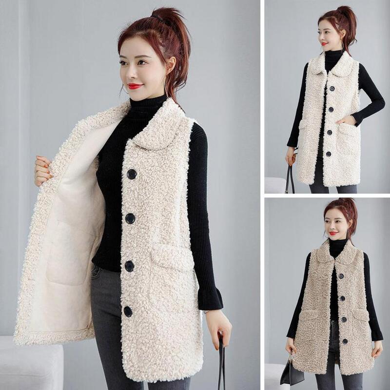 Colete de lã sem mangas feminino, casaco médio com bolsos de lapela, grosso para senhoras, outono e inverno térmico