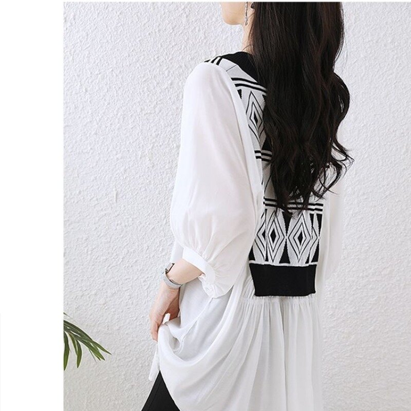 Temperament Printed Long Sleeved Summer Women's Fake Two-piece Chiffon Patchwork V-neck Knitted Loose Mid Length Shirt Tops