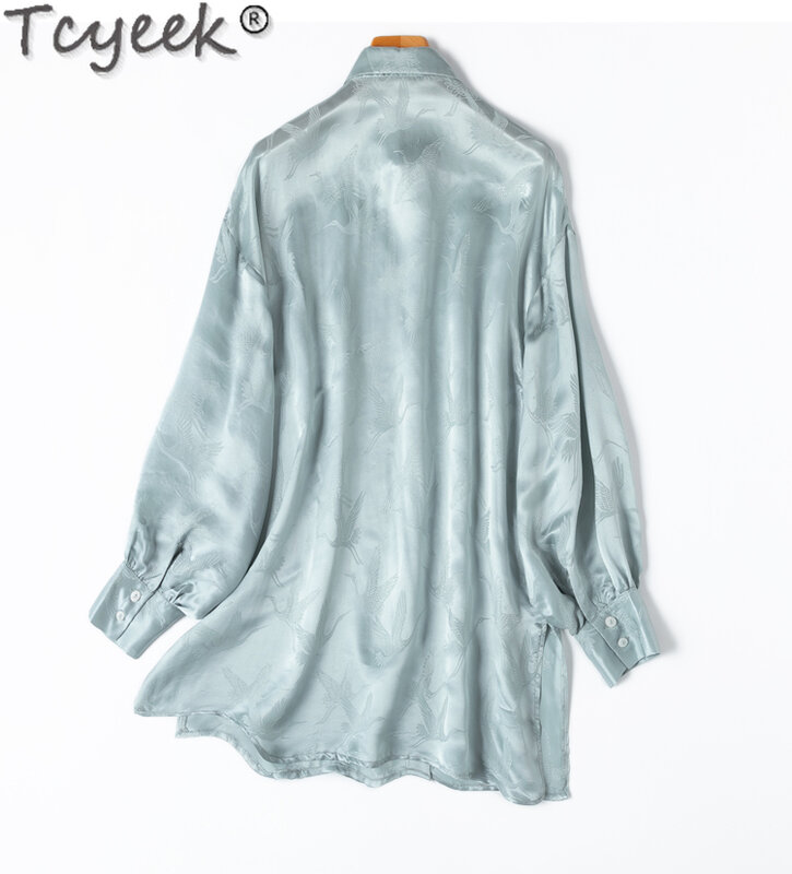 Tcyeek-camisa de seda de morera para mujer, camisas de longitud media para mujer, Top de manga larga para mujer, con protección solar ropa holgada, 50%