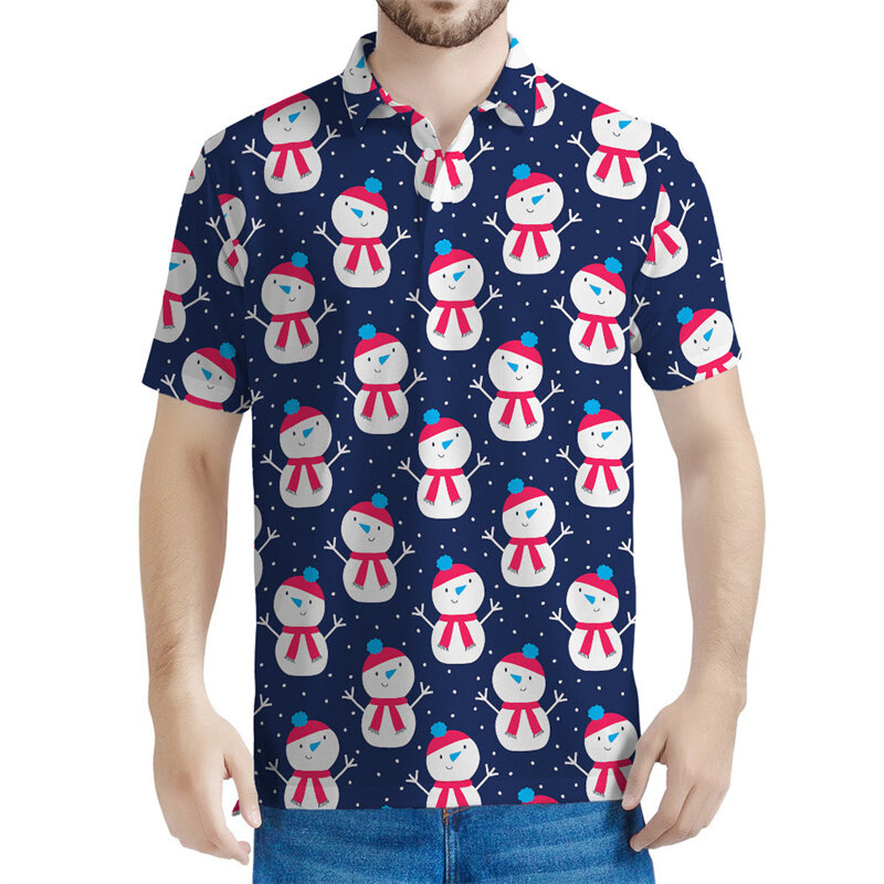남성용 만화 눈사람 패턴 폴로 셔츠, 3D 프린트 티, 어린이 여름 스트리트 라펠 반팔 상의, 단추 루즈 티셔츠