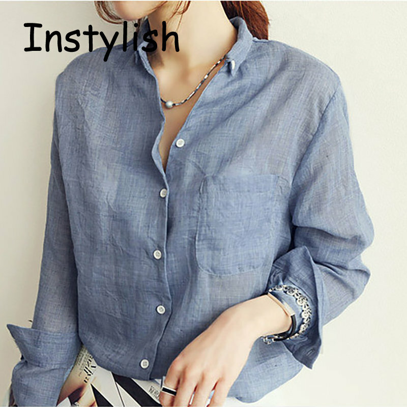 Women Autumn Korean Harjauku Solid Cotton and Linen Blouse Vintage Solid Thin Loose Shirt 2022 Casual Long Sleeve Korean Tops