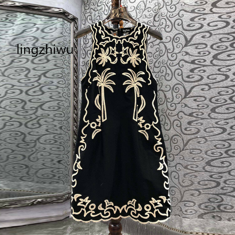 lingzhiwu Embroidery Dress 2024 Summer Female French Vintage Patchwork O-Neck Sleeveless Tank Dresses New Arrive