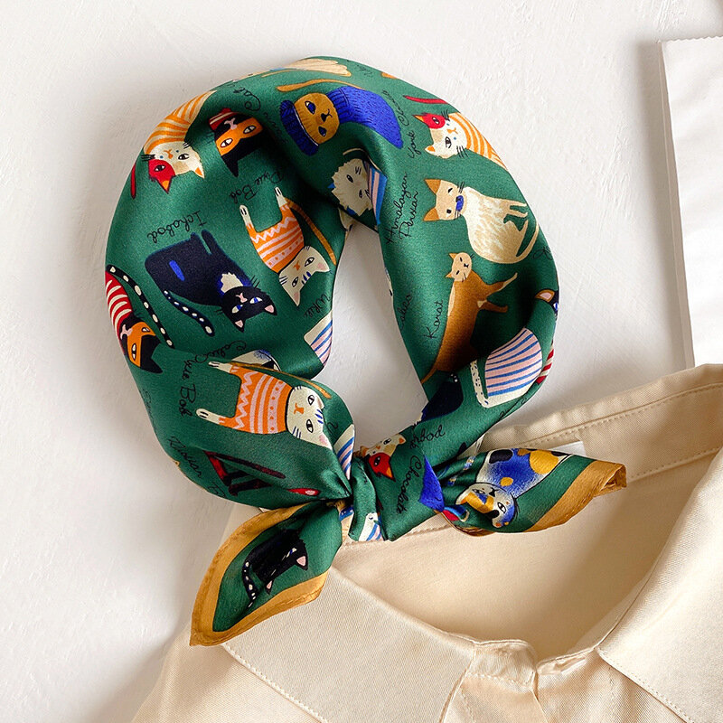 Pañuelo de seda con estampado de gato para mujer, Bandana de diseño lujoso con lazo pequeño para el cuello y la muñeca, 100% Real, 2022