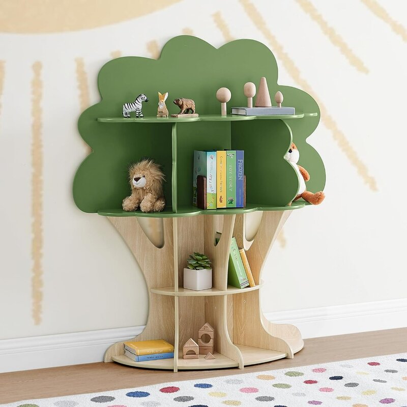 Детский книжный шкаф с зеленым защитным золотом, Зеленый Папоротник/натуральный, детская книжная полка
