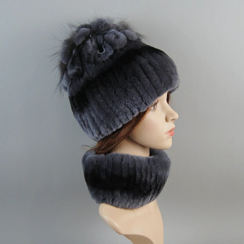 Real Rex Rabbit Fur Hat And Scarf Set Women Winter Knitted Beanie Hat Natural Fur Skullies Beanies Woman Hat Female Cap Elastic