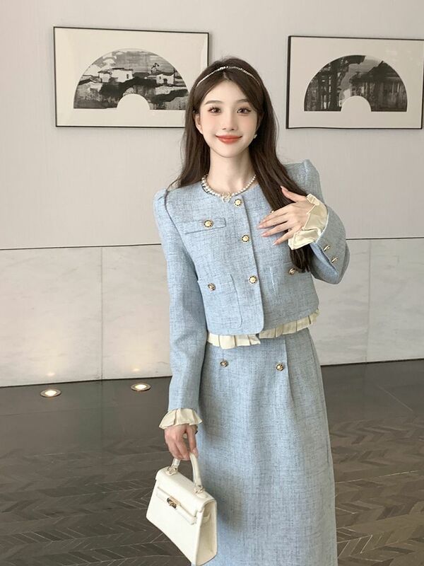 Chic Style Blue Lady Temperament Suit Jacket Women 2024 Spring and Autumn New Salt System Outfit Petite Suit Dress High Quality