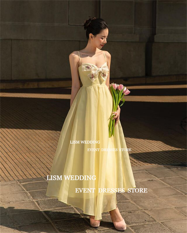 Gaun malam Korea kuning busur leher Sweetheart LISM gaun pesta Prom pemotretan gaun resepsi pernikahan punggung terbuka renda kustom
