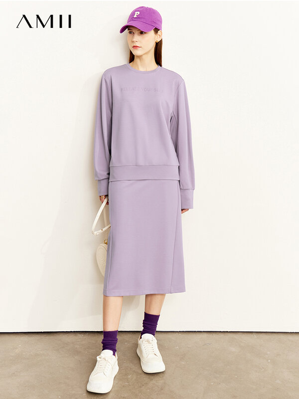Amii-Terno minimalista de manga comprida feminino, moletom casual, moda elegante, calças largas, saia separada, outono, 12240924