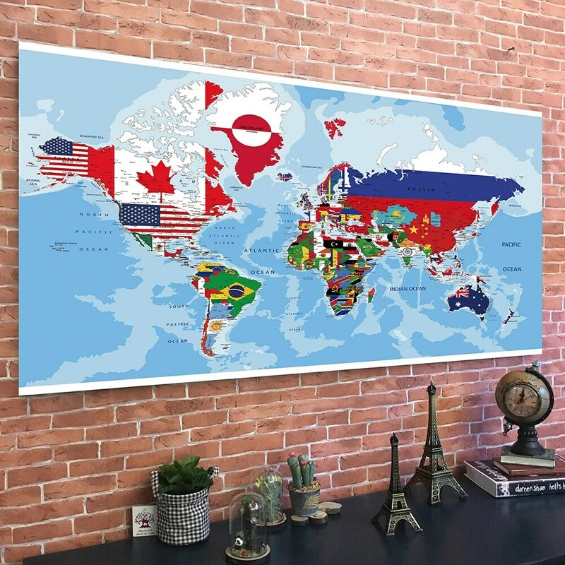 150x225cm Non-woven Large World Map with Country Flags for Office School Wall Decoration World Map Poster Painting