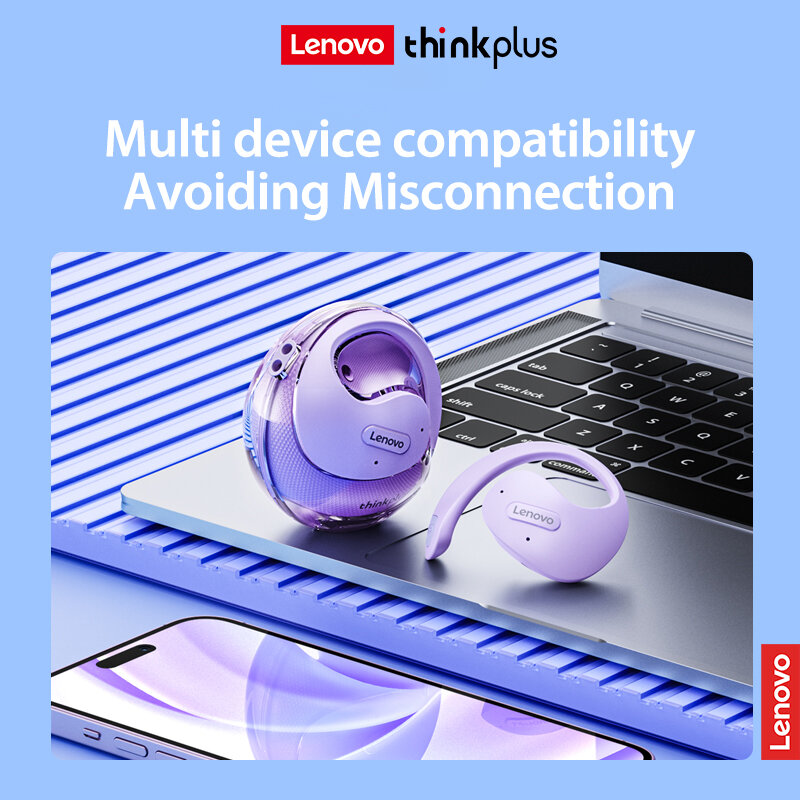 Lenovo-OWS auscultadores sem fios com microfone, auriculares Bluetooth, som estéreo hiFi, auriculares sem fios, controlo de botões