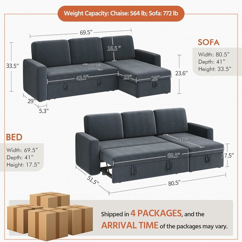 Sofá seccional en forma de L con USB y Diván, Reversible, cama extraíble y espacio de almacenamiento, tela de 4 asientos