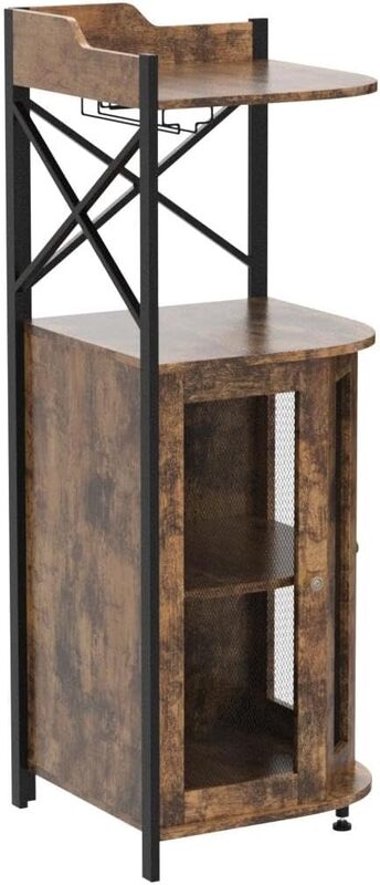 Corner Bar Cabinet with Glass Holder, Industrial Wine Cabinet with Mesh Door, Liquor Bar Cabinet with Adjustable Shelf