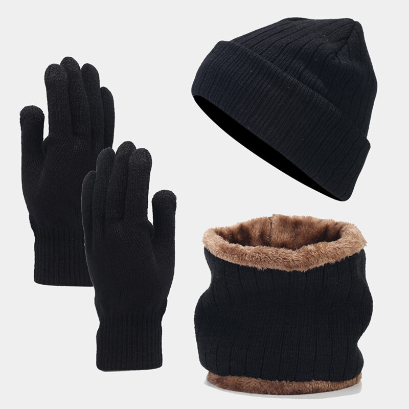Winter Wollen Muts Fleece Gevoerde Hals Warmer Sjaal En Handschoenen Set 3 Stuk Outdoor Koud Weer Thermische Set Voor Mannen Dames