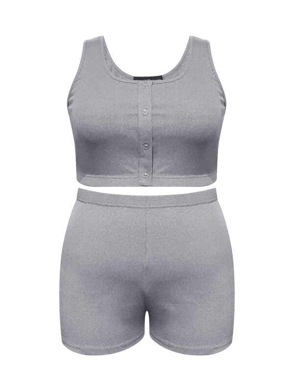 Conjunto de shorts de cintura alta e top LW-Crop para mulheres, agasalho esportivo casual, design de botões plus size, conjuntos 2pcs