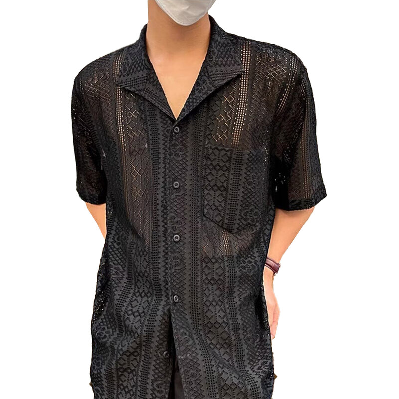 Camiseta transparente de manga curta masculina, moda confortável, quente, cor sólida, oca, regular, retrô, nova, elegante