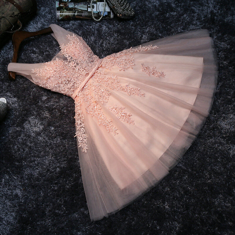 LANMU gaun Prom seksi merah muda mutiara elegan gaun manik-manik applique leher V pendek gaun pesta wisuda panjang selutut renda