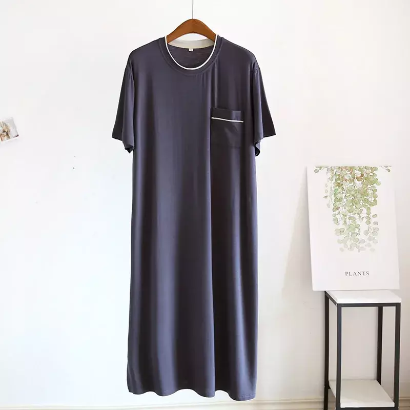 Men's Summer Modal Nightgown One-Piece Short Sleeve Mid-Length Nightdress Thin Home Bath Sleep Dress for Men Nightwear M32