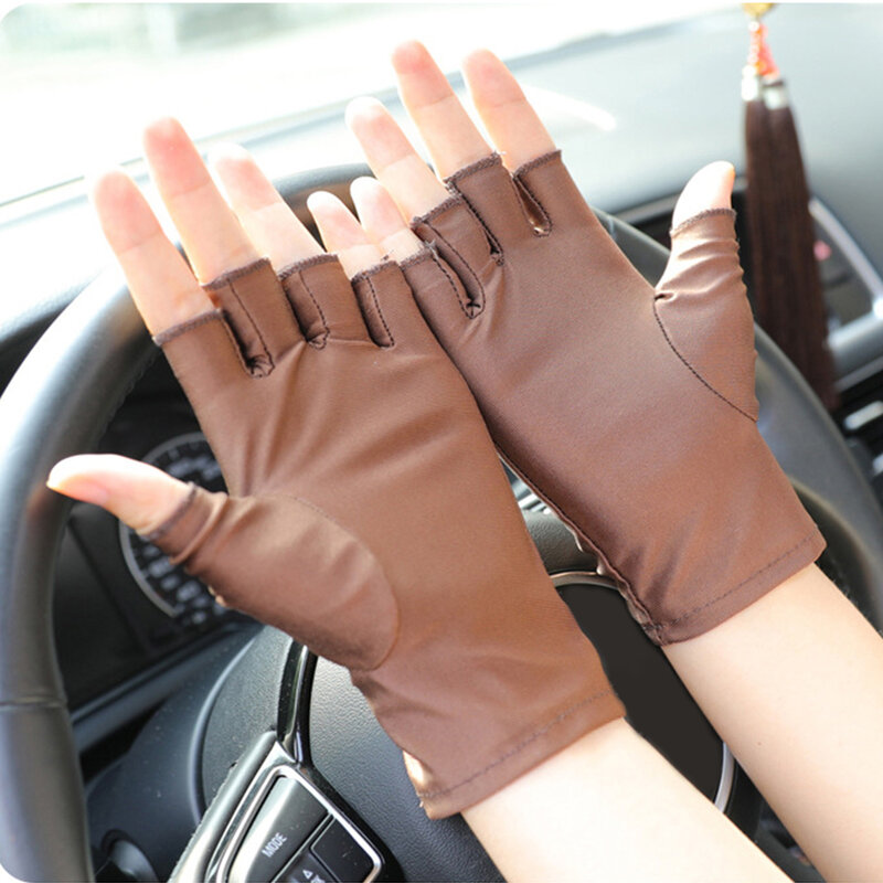 Guantes elásticos antideslizantes de medio dedo para mujer, manoplas transpirables de LICRA para conducir, Anti-UV